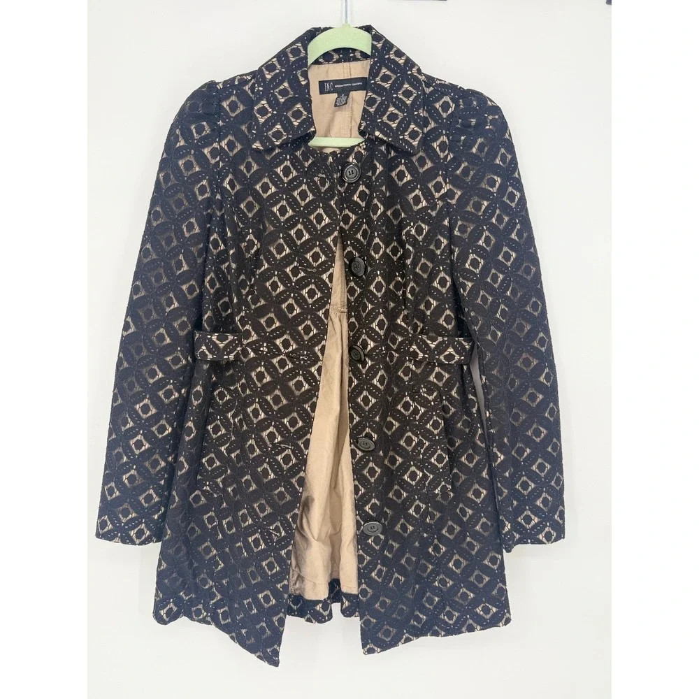 INC‎ Black Cotton Geometric Lace Trench Coat Womens Small Classic Feminine